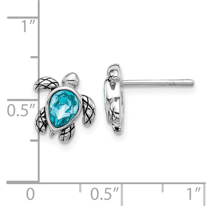Sterling Silver Rhodium Plated Antiqued Crystal Dec Birthstone Turtle Earrings