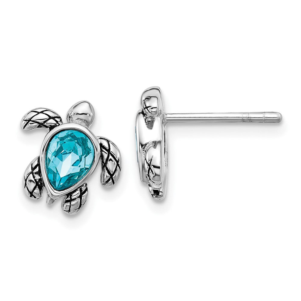 Sterling Silver Rhodium Plated Antiqued Crystal Dec Birthstone Turtle Earrings