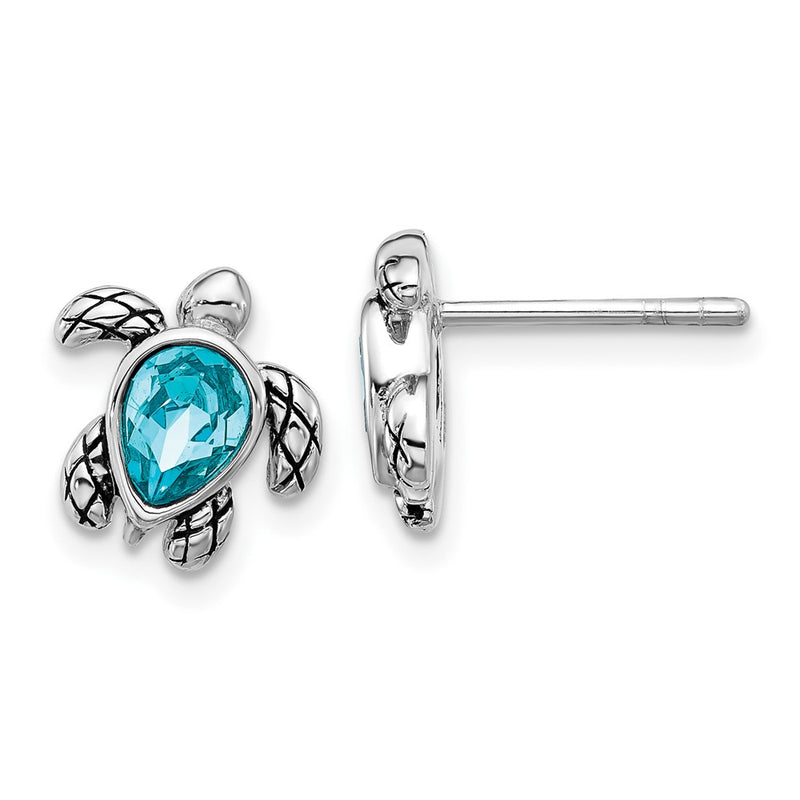 Sterling Silver Rhodium Plated Antiqued Crystal Dec Birthstone Turtle Earrings