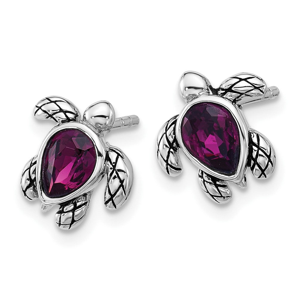 Sterling Silver Rhodium Plated Antiqued Crystal Feb Birthstone Turtle Earrings