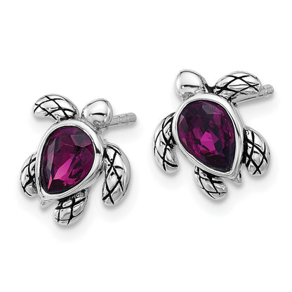 Sterling Silver Rhodium Plated Antiqued Crystal Feb Birthstone Turtle Earrings