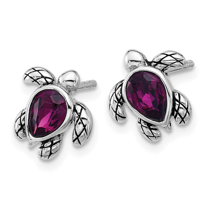 Sterling Silver Rhodium Plated Antiqued Crystal Feb Birthstone Turtle Earrings