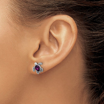 Sterling Silver Rhodium Plated Antiqued Crystal Feb Birthstone Turtle Earrings
