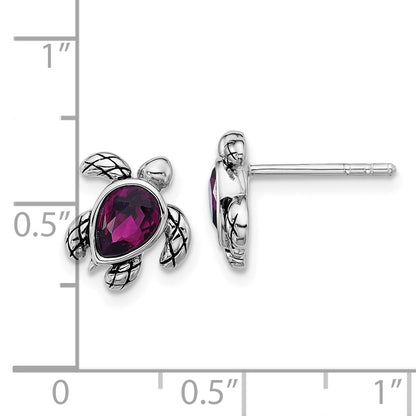 Sterling Silver Rhodium Plated Antiqued Crystal Feb Birthstone Turtle Earrings