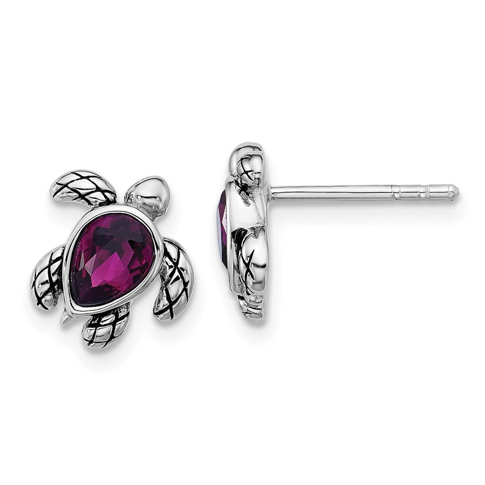 Sterling Silver Rhodium Plated Antiqued Crystal Feb Birthstone Turtle Earrings