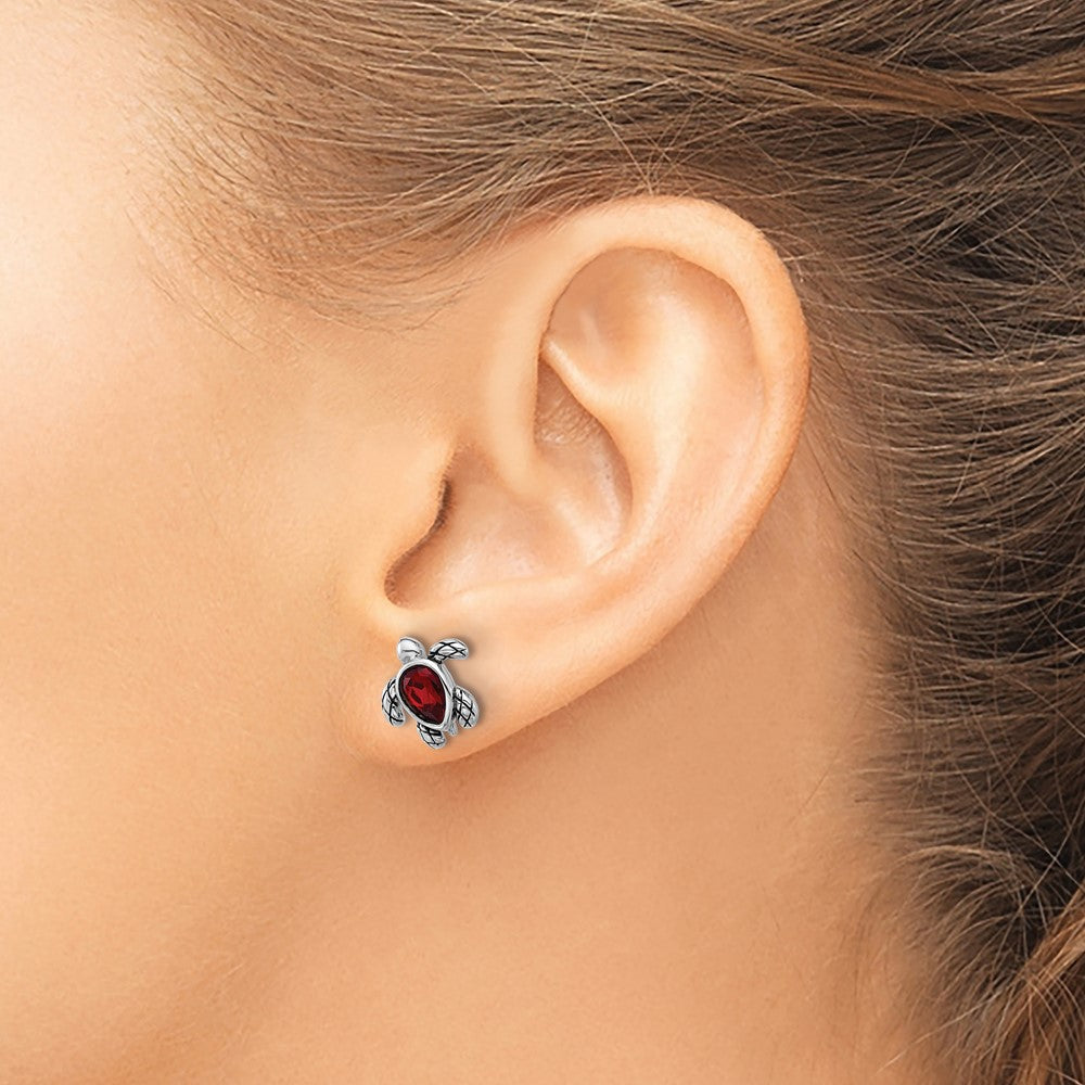 Sterling Silver Rhodium Plated Antiqued Crystal Jan Birthstone Turtle Earrings