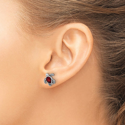 Sterling Silver Rhodium Plated Antiqued Crystal Jan Birthstone Turtle Earrings