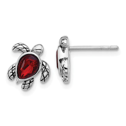 Sterling Silver Rhodium Plated Antiqued Crystal Jan Birthstone Turtle Earrings