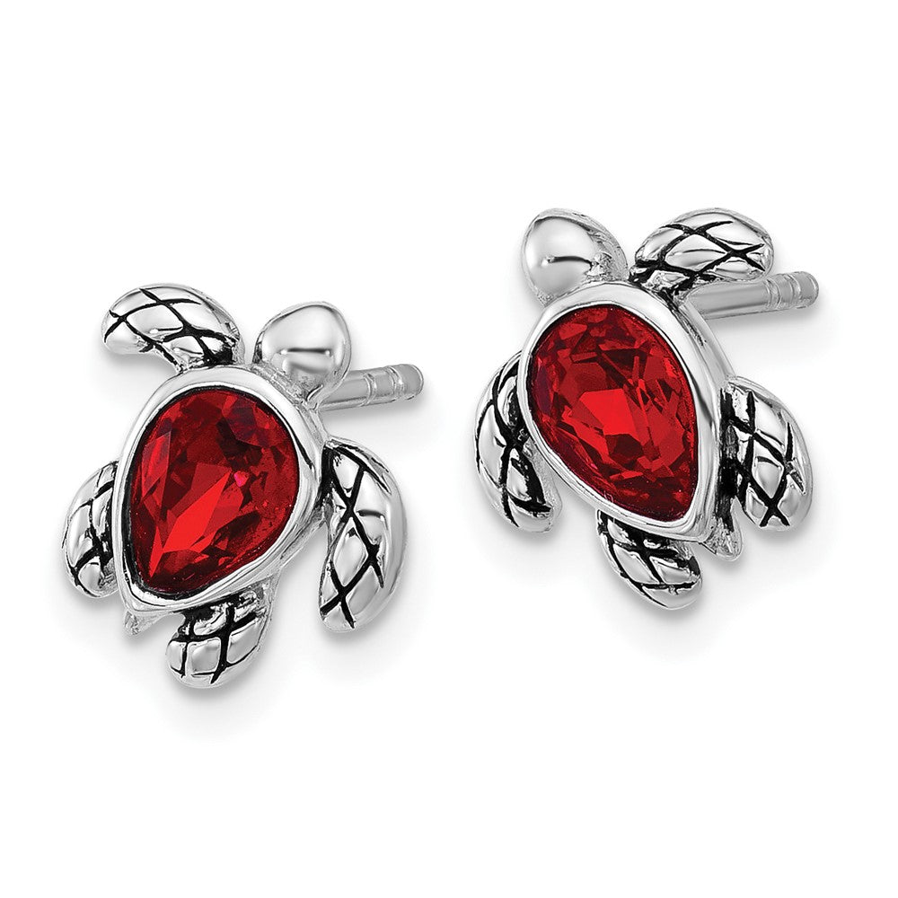 Sterling Silver Rhodium Plated Antiqued Crystal July Birthstone Turtle Earrings