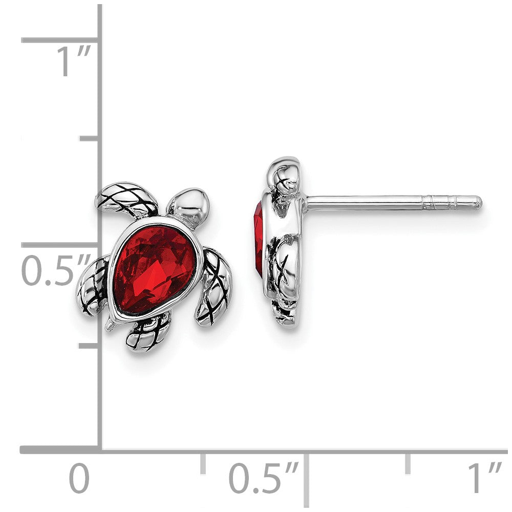 Sterling Silver Rhodium Plated Antiqued Crystal July Birthstone Turtle Earrings