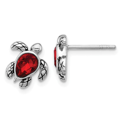 Sterling Silver Rhodium Plated Antiqued Crystal July Birthstone Turtle Earrings