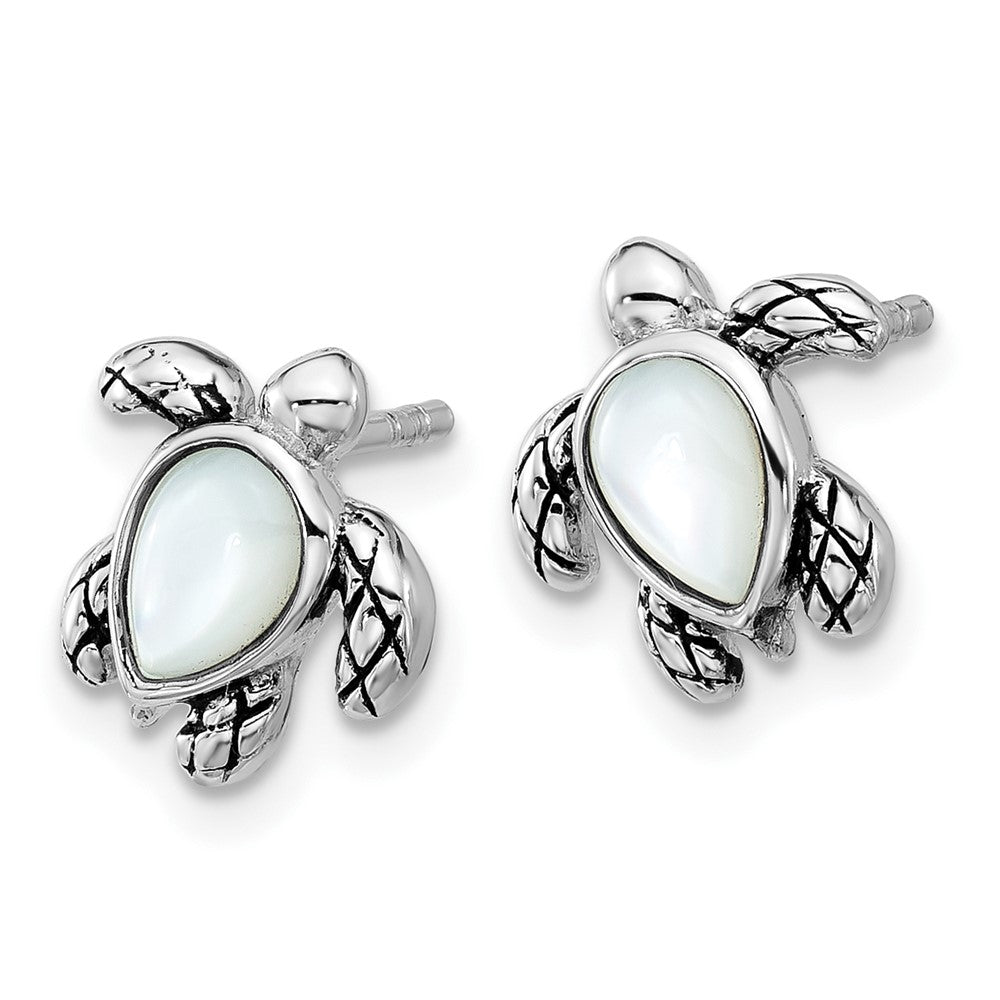 Sterling Silver Rhodium Plated Antiqued Mop June Birthstone Turtle Earrings