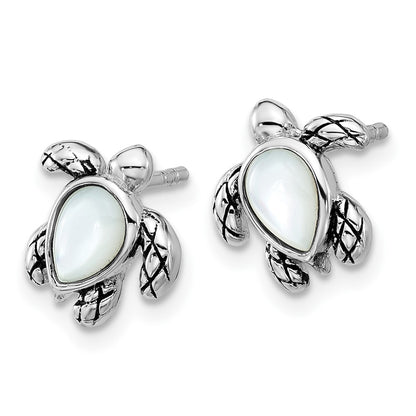 Sterling Silver Rhodium Plated Antiqued Mop June Birthstone Turtle Earrings