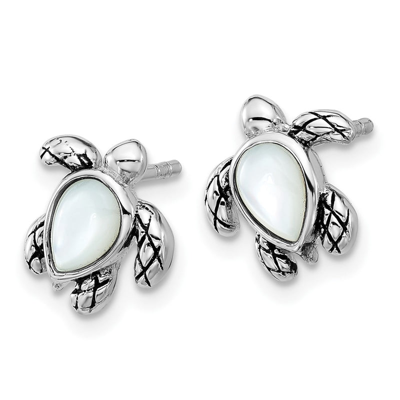Sterling Silver Rhodium Plated Antiqued Mop June Birthstone Turtle Earrings