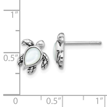 Sterling Silver Rhodium Plated Antiqued Mop June Birthstone Turtle Earrings
