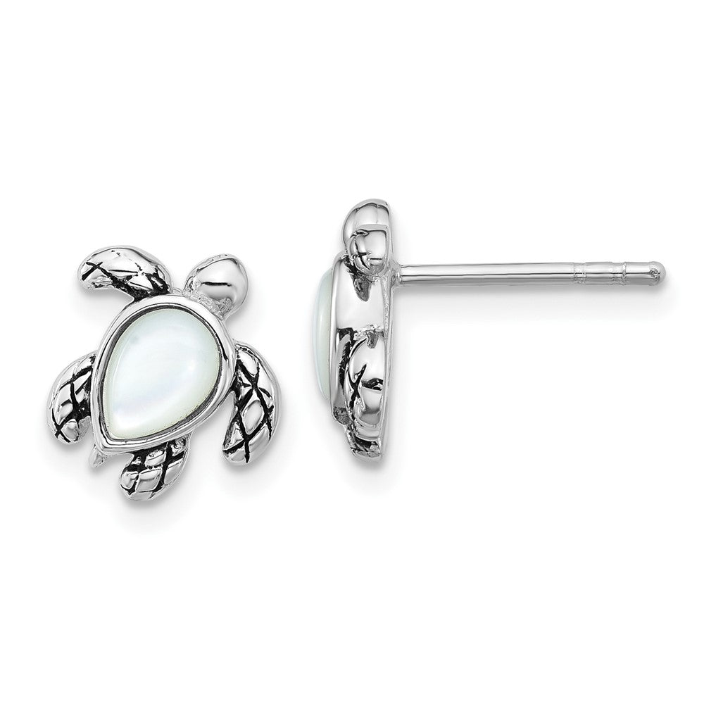 Sterling Silver Rhodium Plated Antiqued Mop June Birthstone Turtle Earrings