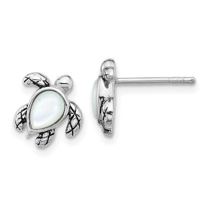 Sterling Silver Rhodium Plated Antiqued Mop June Birthstone Turtle Earrings
