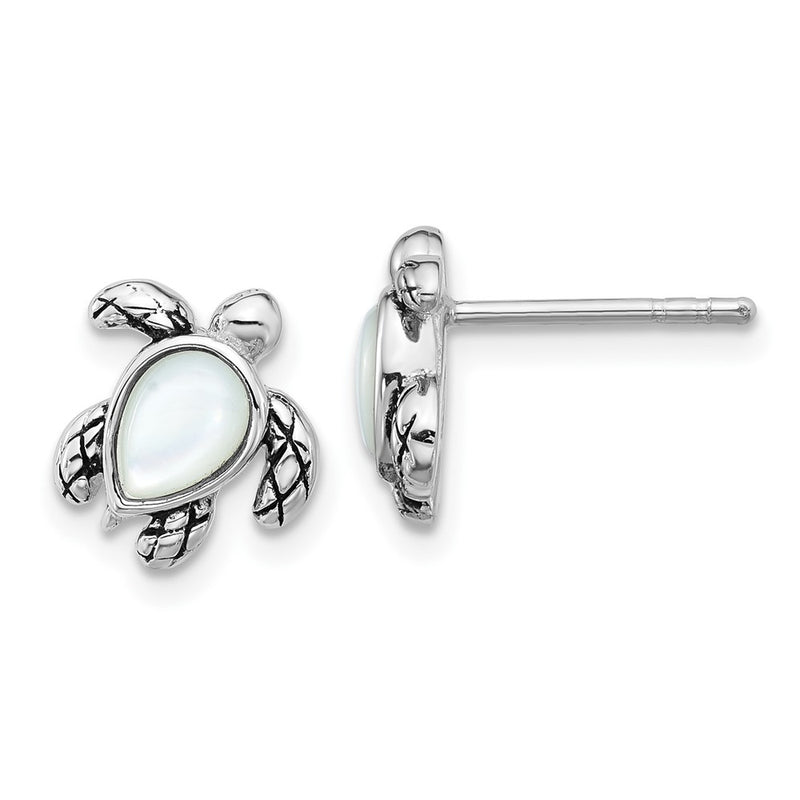 Sterling Silver Rhodium Plated Antiqued Mop June Birthstone Turtle Earrings