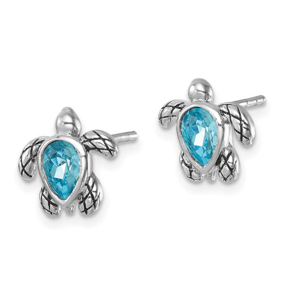 Sterling Silver Rhodium Plated Antiqued Crystal March Turtle Post Earrings