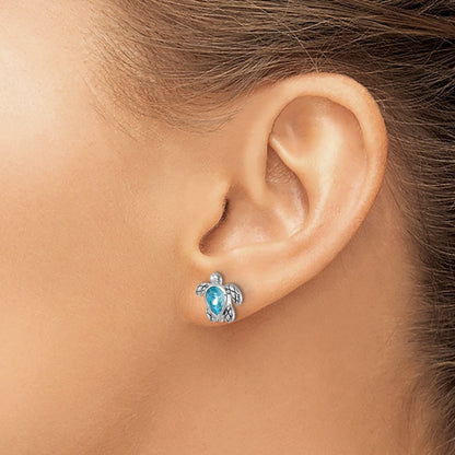 Sterling Silver Rhodium Plated Antiqued Crystal March Turtle Post Earrings