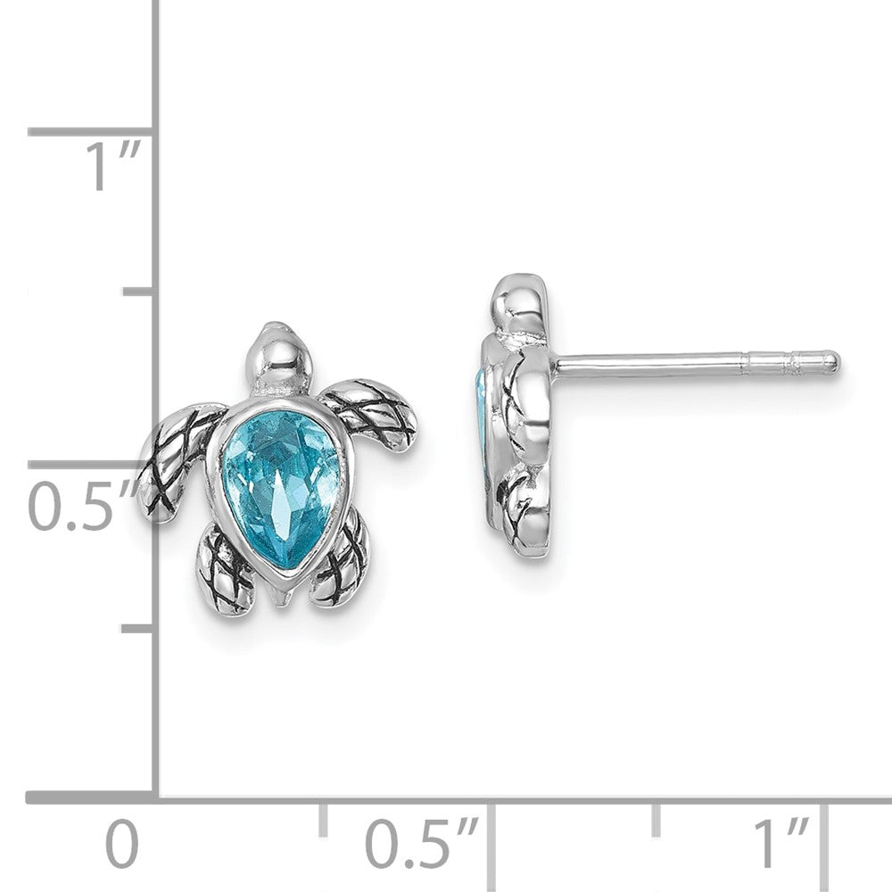 Sterling Silver Rhodium Plated Antiqued Crystal March Turtle Post Earrings