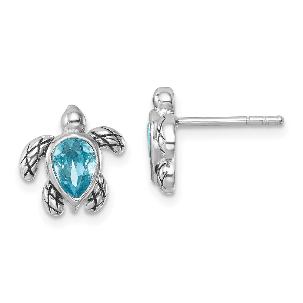 Sterling Silver Rhodium Plated Antiqued Crystal March Turtle Post Earrings
