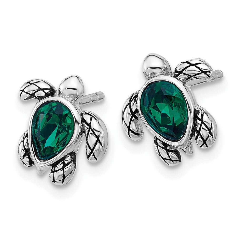 Sterling Silver Rhodium Plated Antiqued Crystal May Birthstone Turtle Earrings