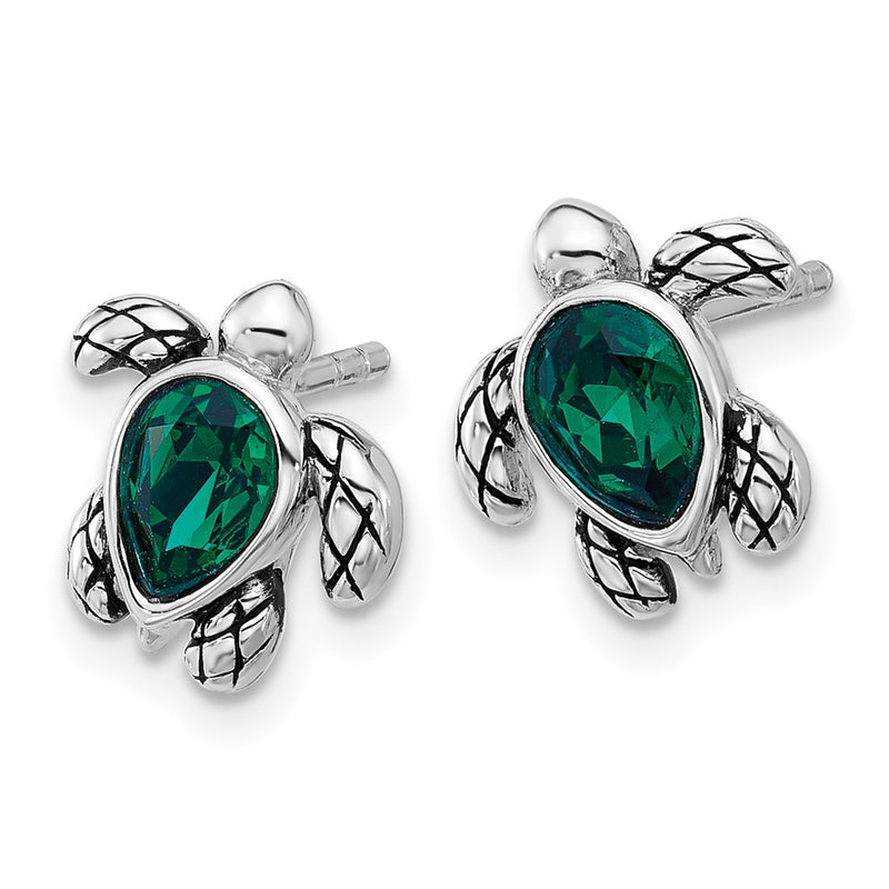Sterling Silver Rhodium Plated Antiqued Crystal May Birthstone Turtle Earrings