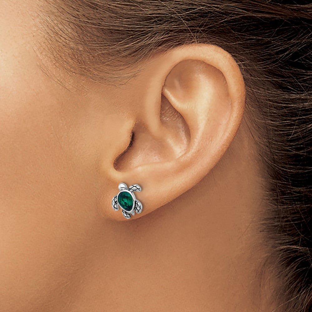 Sterling Silver Rhodium Plated Antiqued Crystal May Birthstone Turtle Earrings