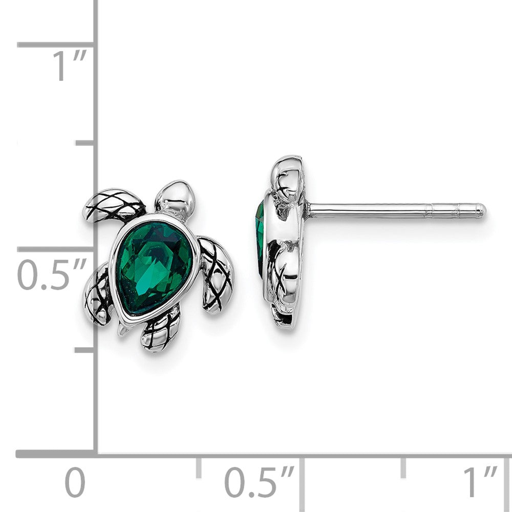 Sterling Silver Rhodium Plated Antiqued Crystal May Birthstone Turtle Earrings