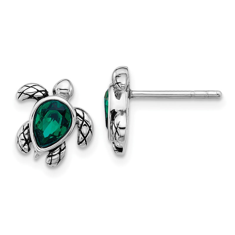 Sterling Silver Rhodium Plated Antiqued Crystal May Birthstone Turtle Earrings