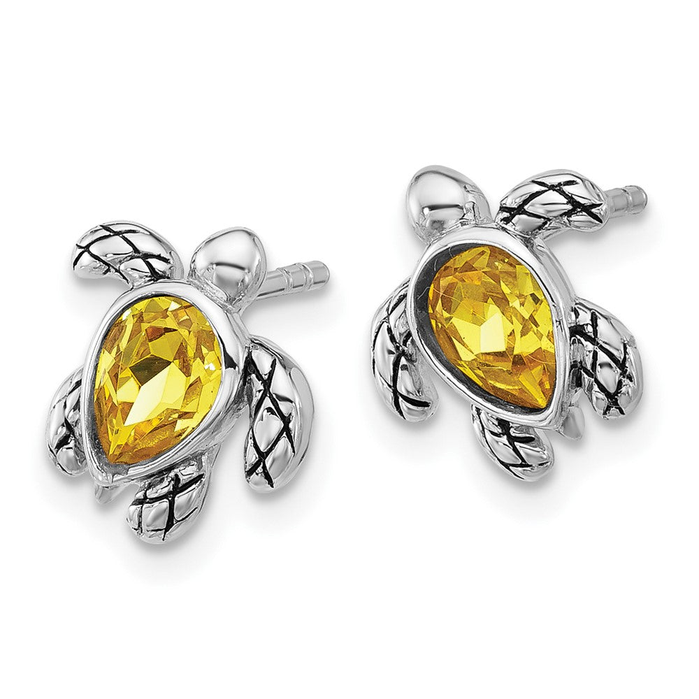 Sterling Silver Rhodium Plated Antiqued Crystal Nov Birthstone Turtle Earrings