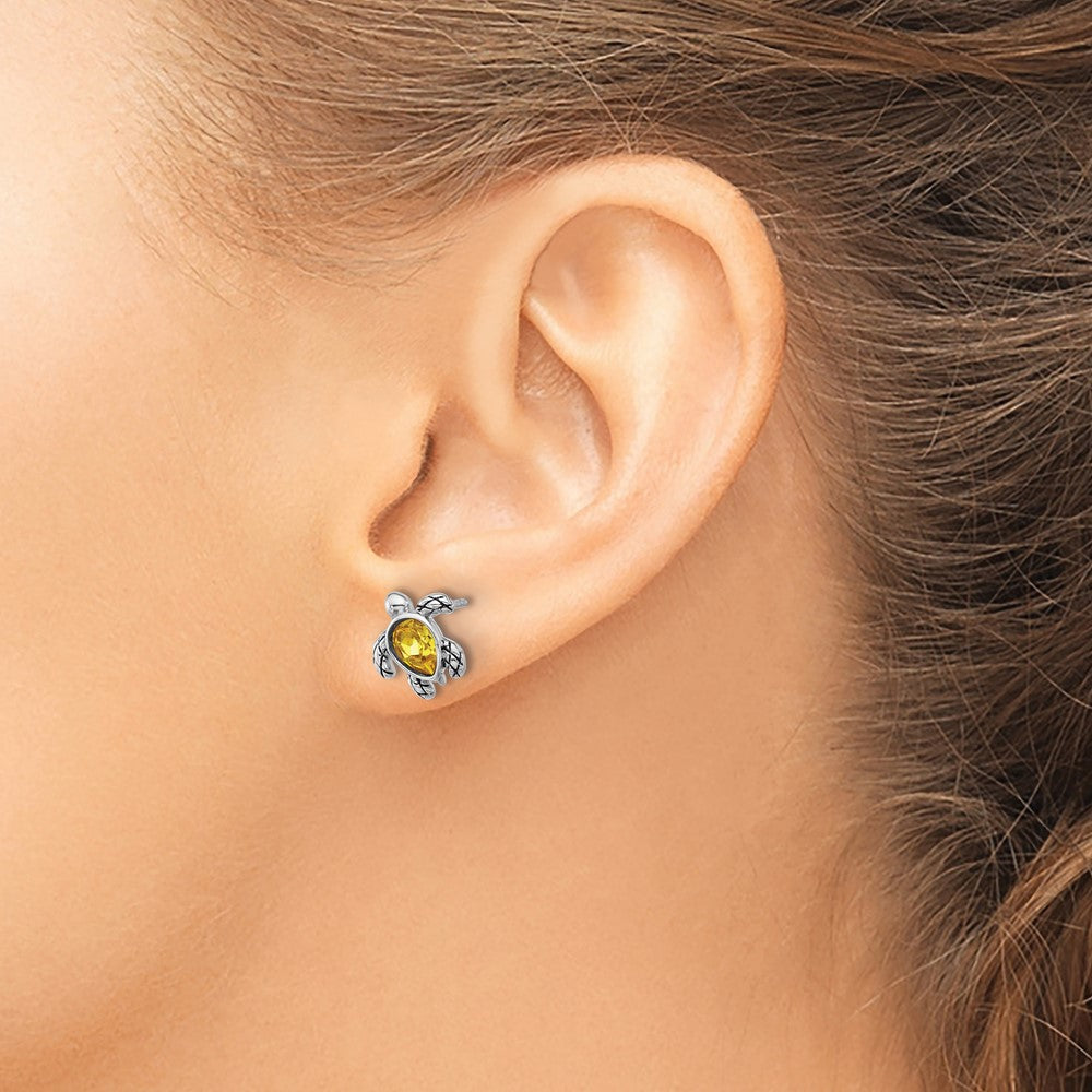Sterling Silver Rhodium Plated Antiqued Crystal Nov Birthstone Turtle Earrings