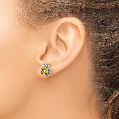 Sterling Silver Rhodium Plated Antiqued Crystal Nov Birthstone Turtle Earrings
