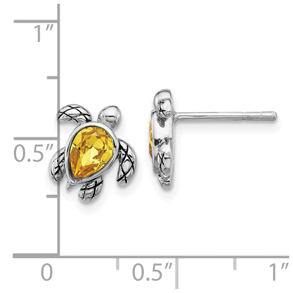 Sterling Silver Rhodium Plated Antiqued Crystal Nov Birthstone Turtle Earrings