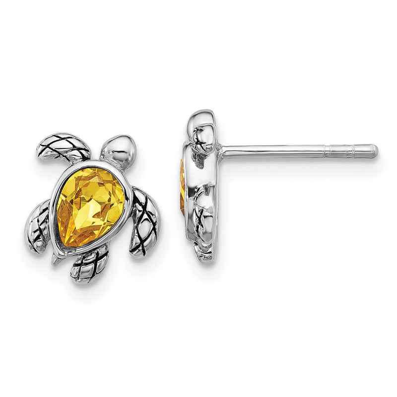 Sterling Silver Rhodium Plated Antiqued Crystal Nov Birthstone Turtle Earrings