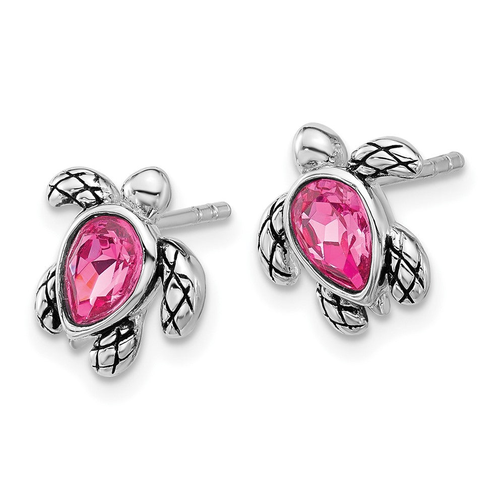 Sterling Silver Rhodium Plated Antiqued Crystal Oct Birthstone Turtle Earrings