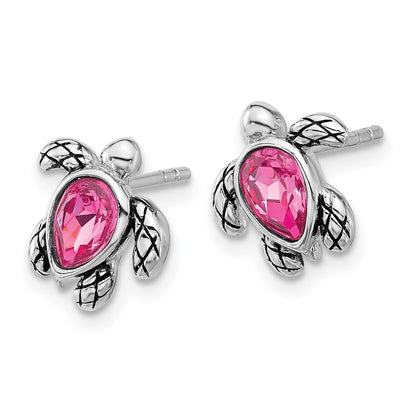 Sterling Silver Rhodium Plated Antiqued Crystal Oct Birthstone Turtle Earrings