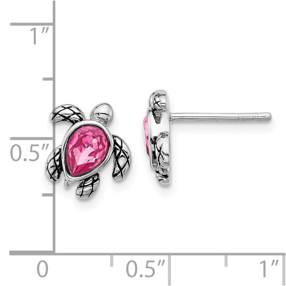 Sterling Silver Rhodium Plated Antiqued Crystal Oct Birthstone Turtle Earrings