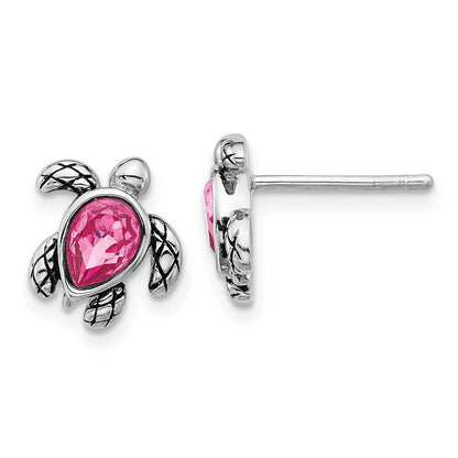 Sterling Silver Rhodium Plated Antiqued Crystal Oct Birthstone Turtle Earrings