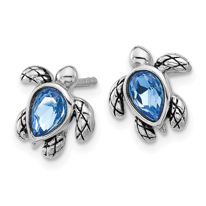 Sterling Silver Rhodium Plated Antiqued Crystal Sep Birthstone Turtle Earrings