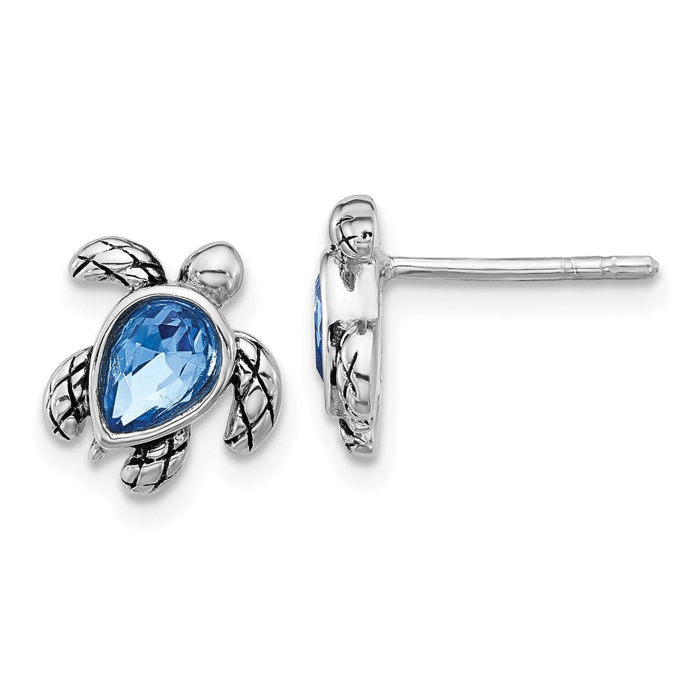 Sterling Silver Rhodium Plated Antiqued Crystal Sep Birthstone Turtle Earrings