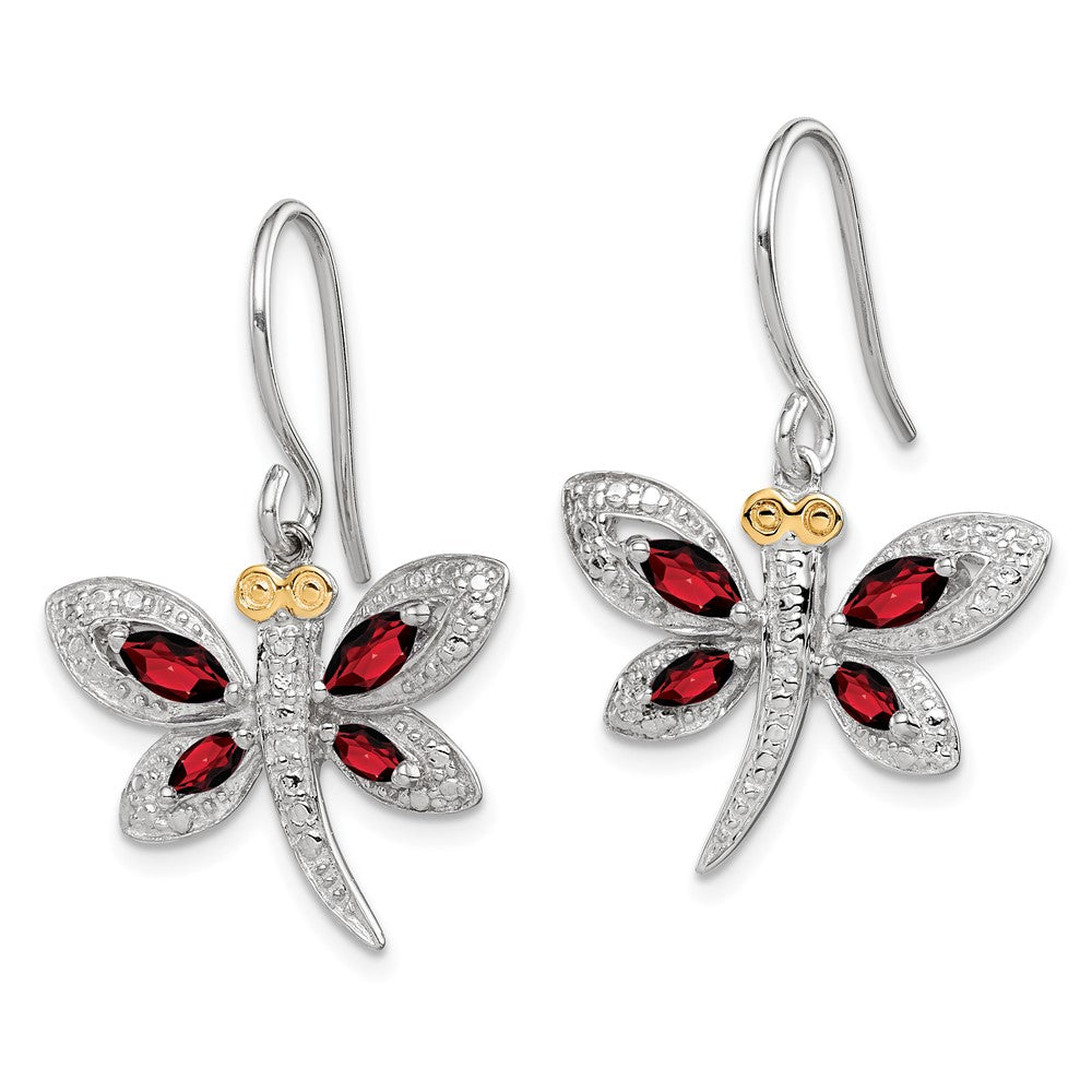 Sterling Silver/14K Rhodium Plated Garnet/diamond Dragonfly Earrings