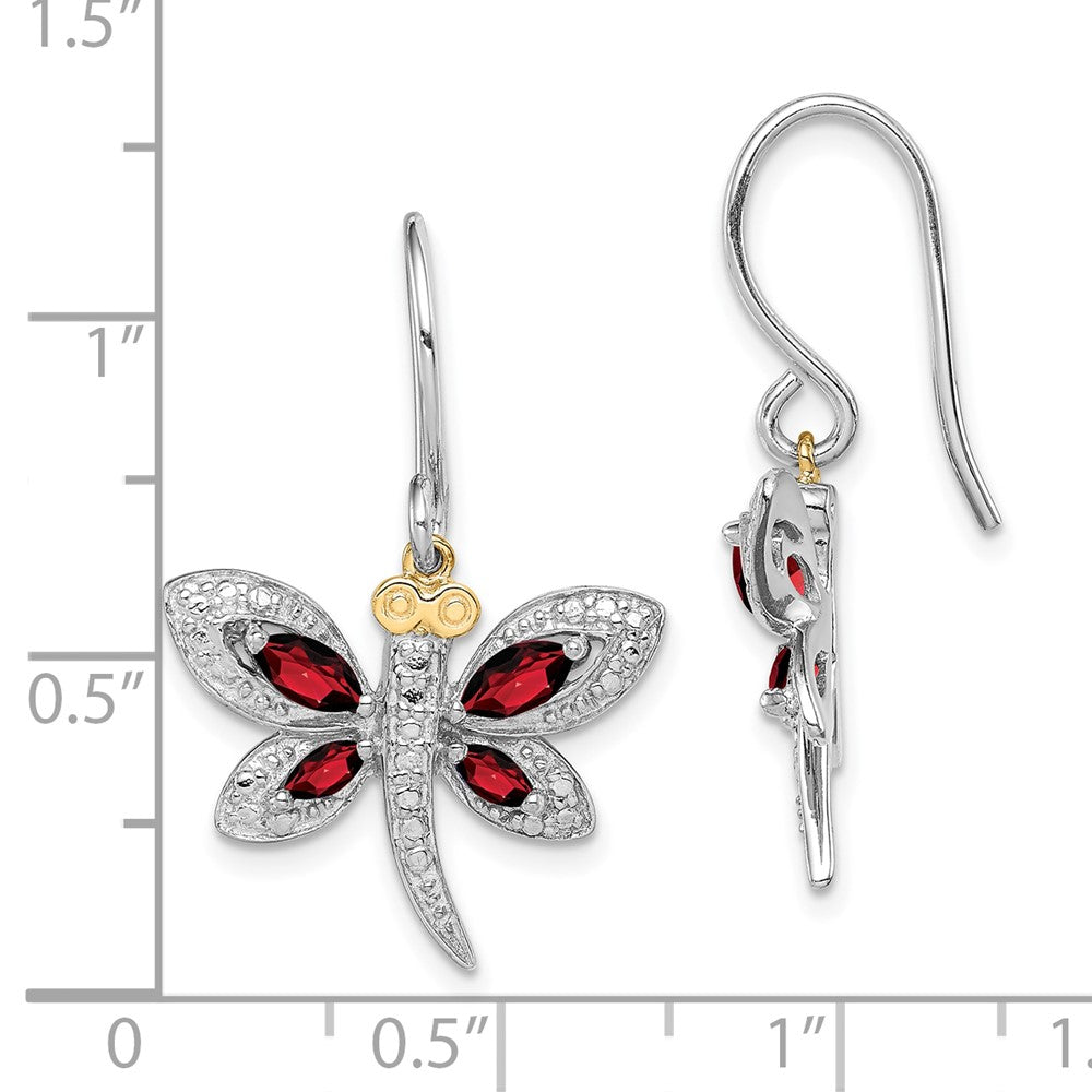 Sterling Silver/14K Rhodium Plated Garnet/diamond Dragonfly Earrings