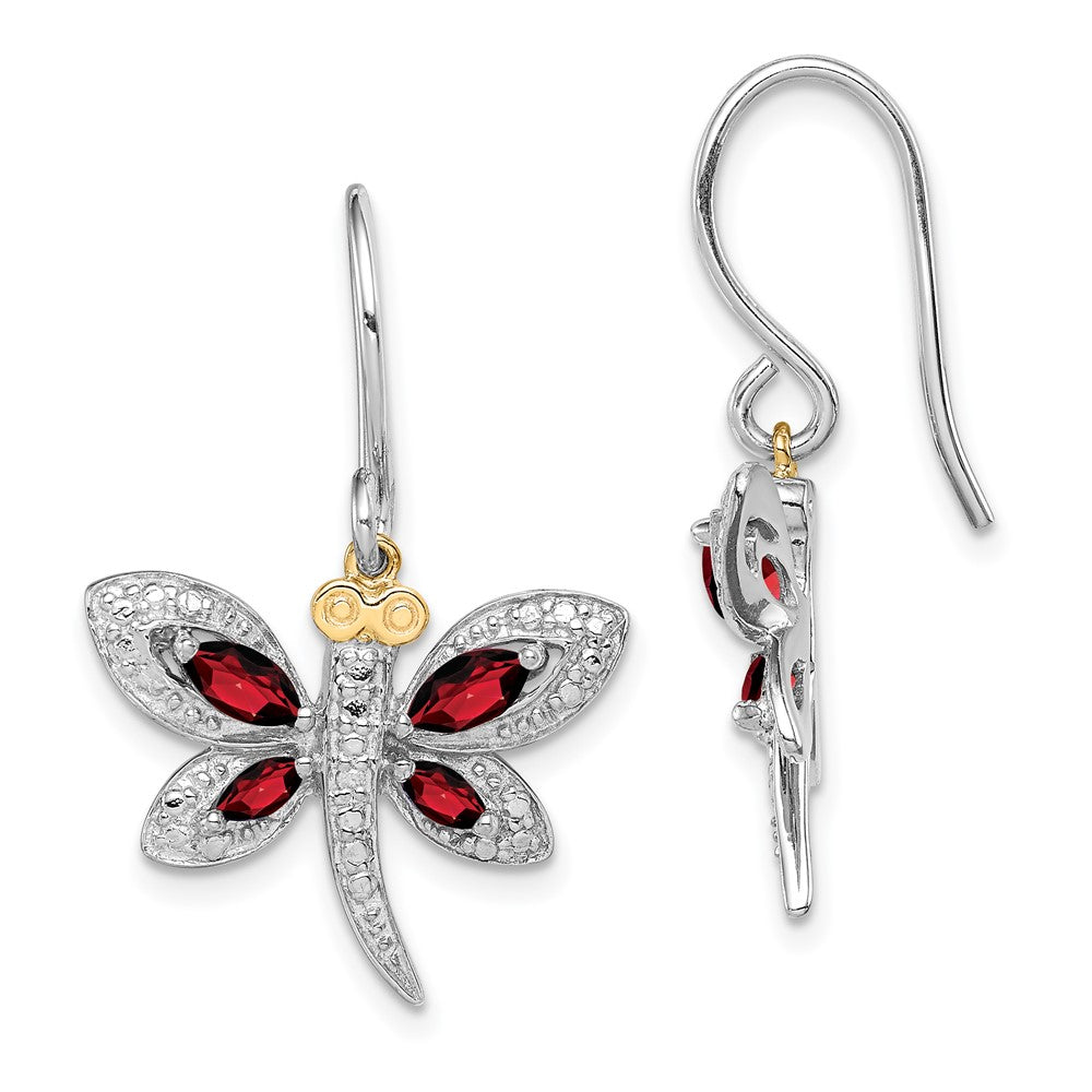 Sterling Silver/14K Rhodium Plated Garnet/diamond Dragonfly Earrings