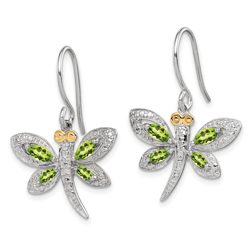 Sterling Silver/14K Rhodium Plated Peridot/diamond Dragonfly Earrings