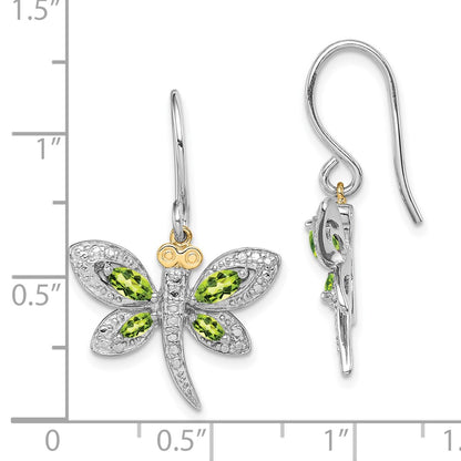 Sterling Silver/14K Rhodium Plated Peridot/diamond Dragonfly Earrings