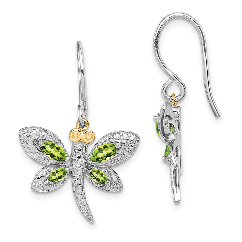 Sterling Silver/14K Rhodium Plated Peridot/diamond Dragonfly Earrings