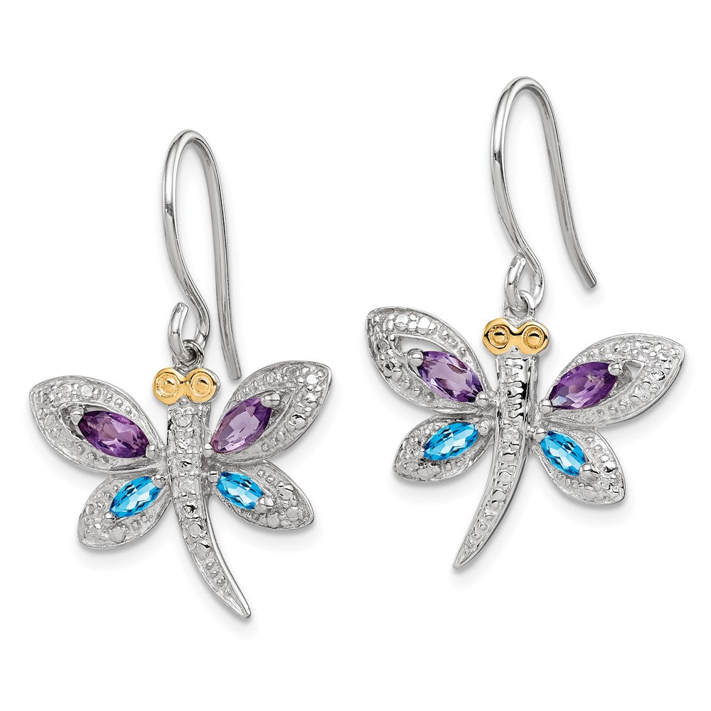 Sterling Silver/14K Rhodium Plated Amethyst/bl Topaz/diamond Dragonfly Earrings