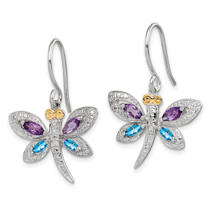 Sterling Silver/14K Rhodium Plated Amethyst/bl Topaz/diamond Dragonfly Earrings